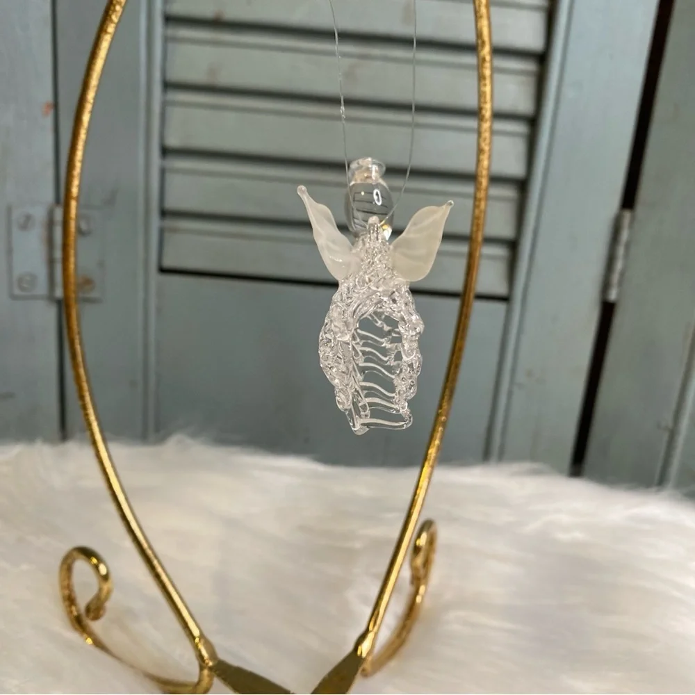 Vintage Spun Glass Angel Ornament with Frosted Wings and Horn